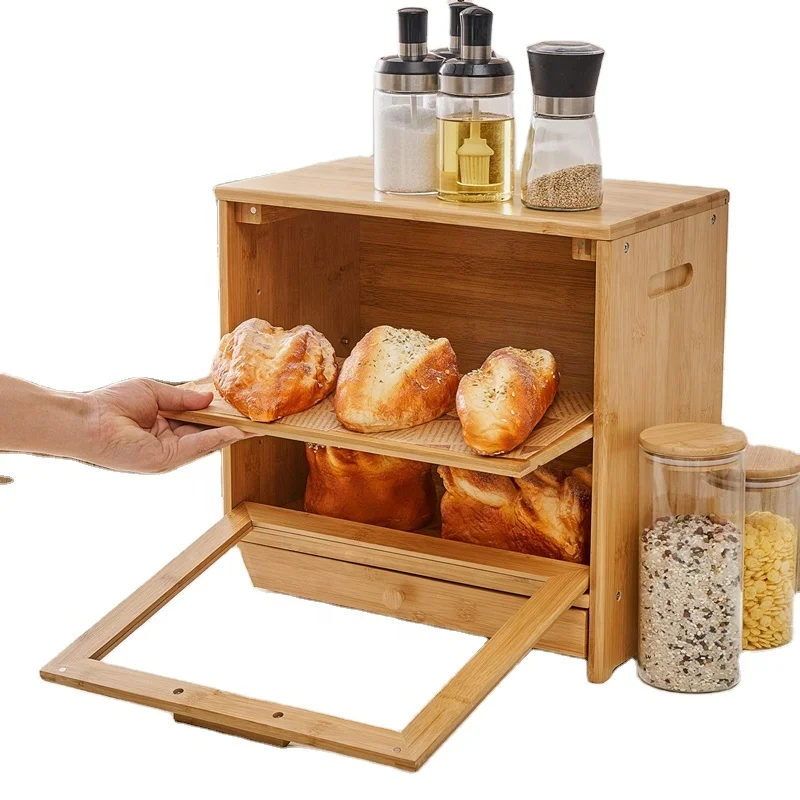 High Quality Bamboo Bread Box Kitchen Bread Bin With Folding Lid 2 Layer Wooden Bread Boxes For Kitchen Countertop