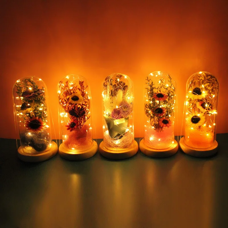 Wedding Gift Sunflower Artificial Flowers In Glass Dome With Led Light Wedding Decorations Dried Flowers Home Decor