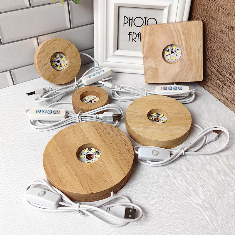 Hot Selling Wholesale Wood Night Light Crystal Ball Luminous Round Wood Atmosphere Lighting Base USB Interface Home Decoration