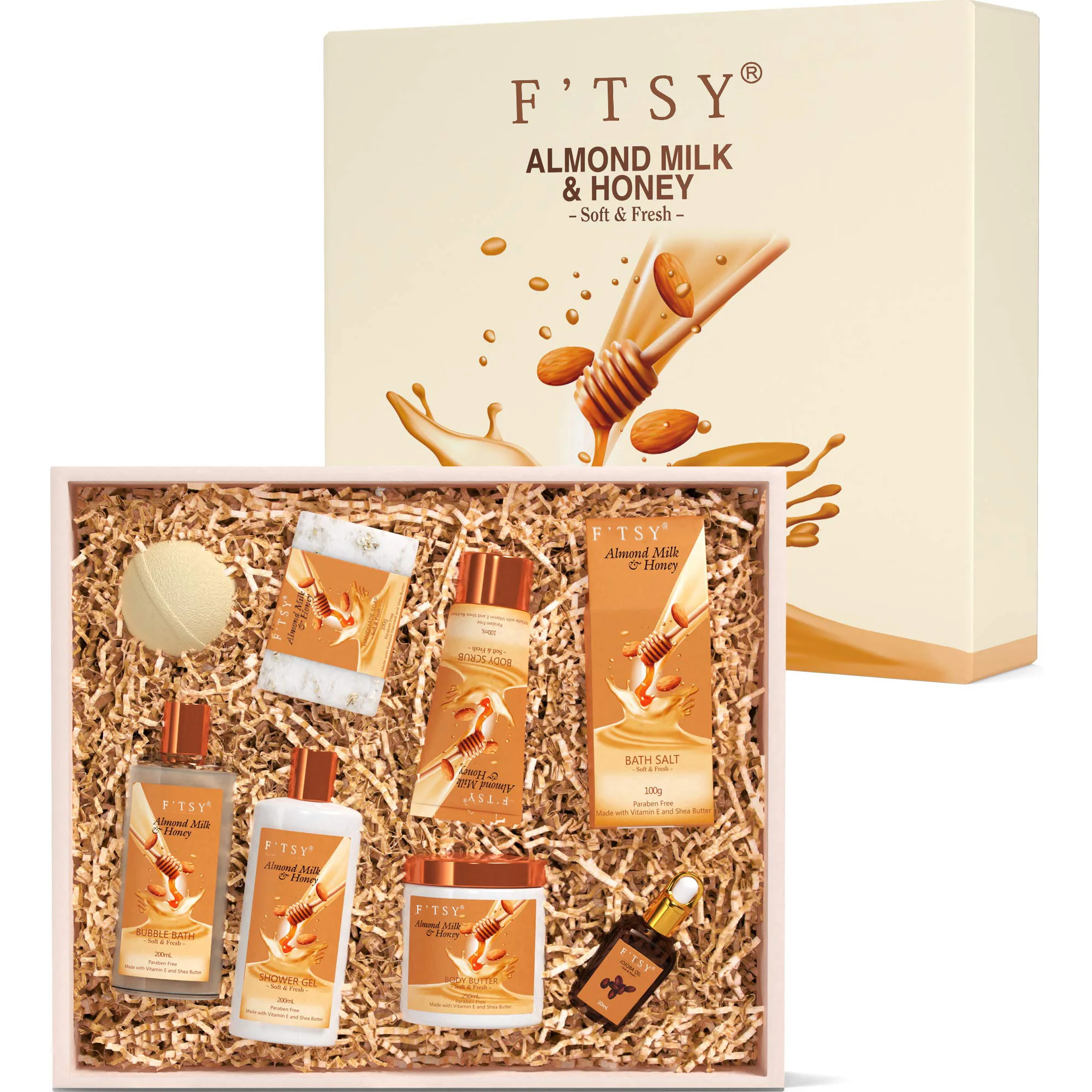 OEM/ODM  Almond Milk Honey Spa Kit Christmas Bath Gift Set Shower Gel Bath Bomb Bubble Bath Body Scrub Salts Body Butter Jojoba