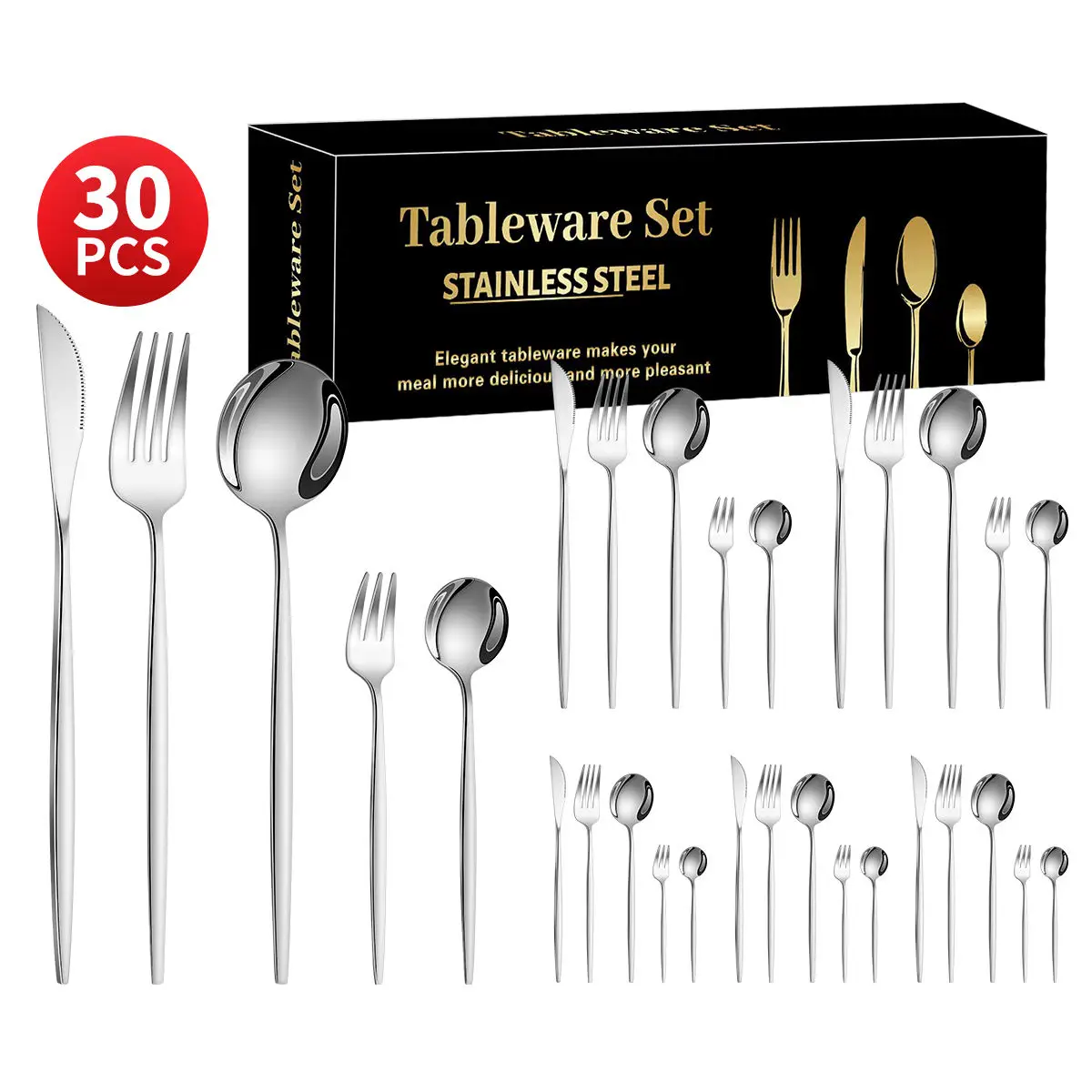 High Luxury 30pcs Gold Cutlery Flatware Set Eco-friendly Stainless Kitchen Silver Spoon Eco-friendly Boxed Polished Pc Gifts