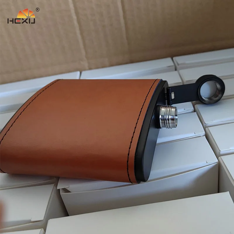 6oz Stainless Steel Brown Personalized Hip Flask Leather Wrapped