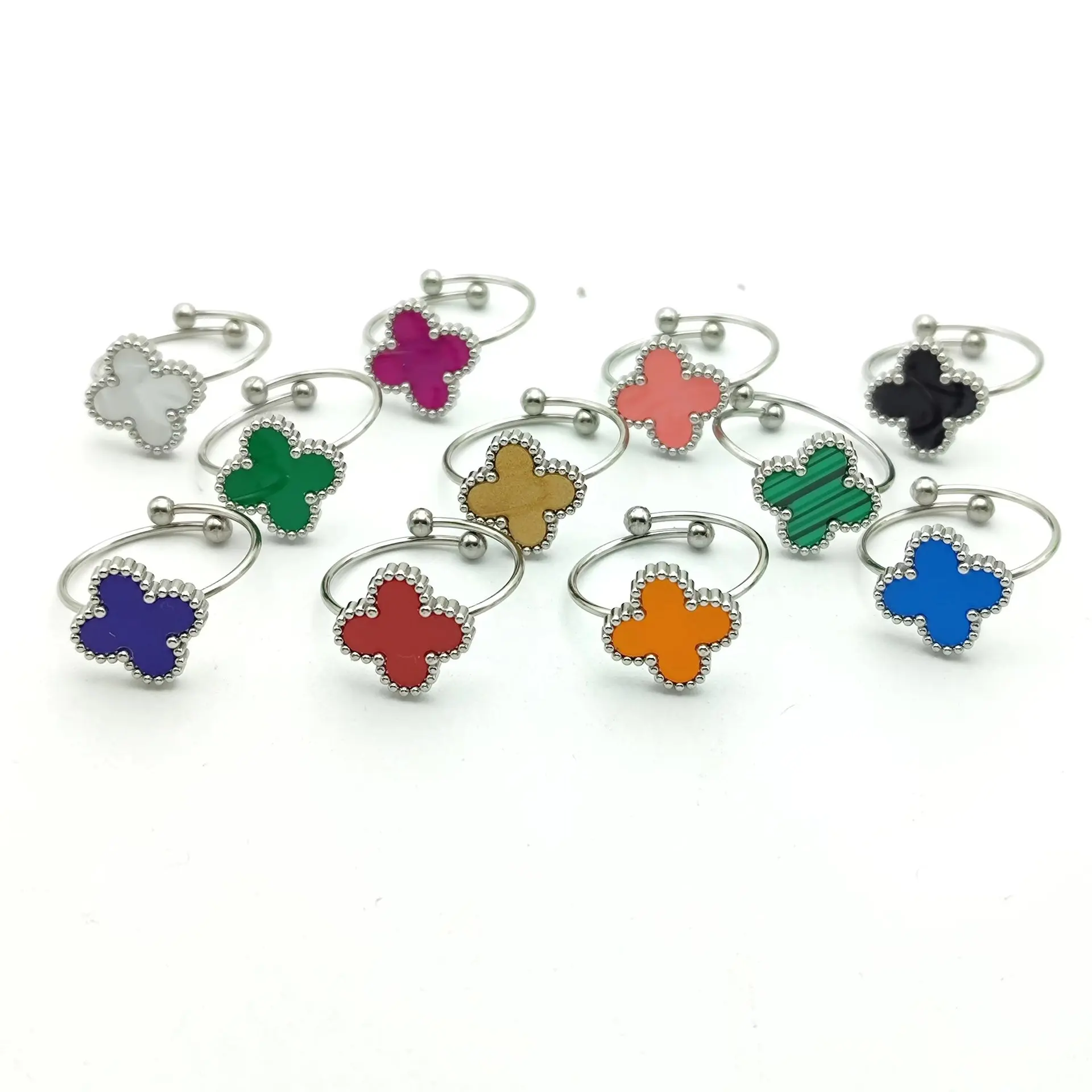11 Colors Choose Lovely 4 Four Leaf Clover Ring Adjustable Open Shell Flower Ring Wholesale Stainless Steel Silver Clover Ring
