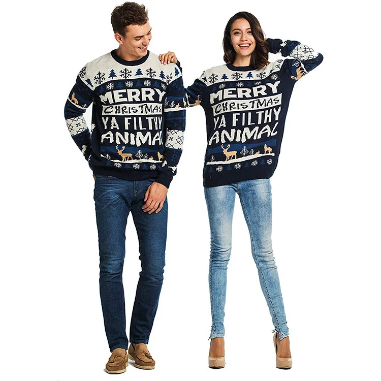 Custom Men and Women Christmas Loose Casual Long Sleeve Round Neck Pullover Animal Pattern Letter Jacquard Knit Sweater