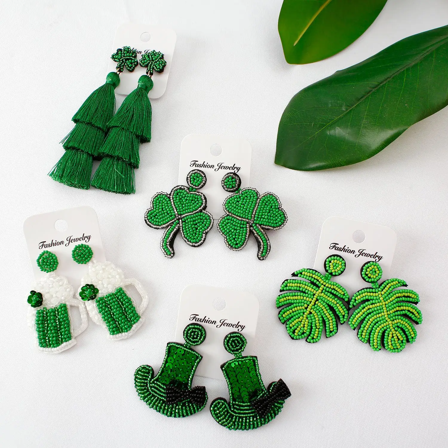 XIXI New Arrival Green Lucky Clover Leaf Earrings Bohemian Handmade Seed Beaded Tassel Shamrock Dangle Earrings