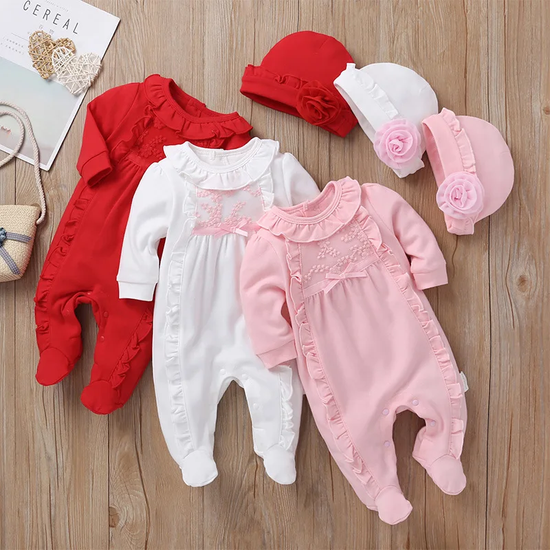 Wholesale New Boutique Infants Girls Clothes Long Sleeves O-neck Rompers New Born Baby Girl 100% Cotton Sweet Jumpsuit For Girls