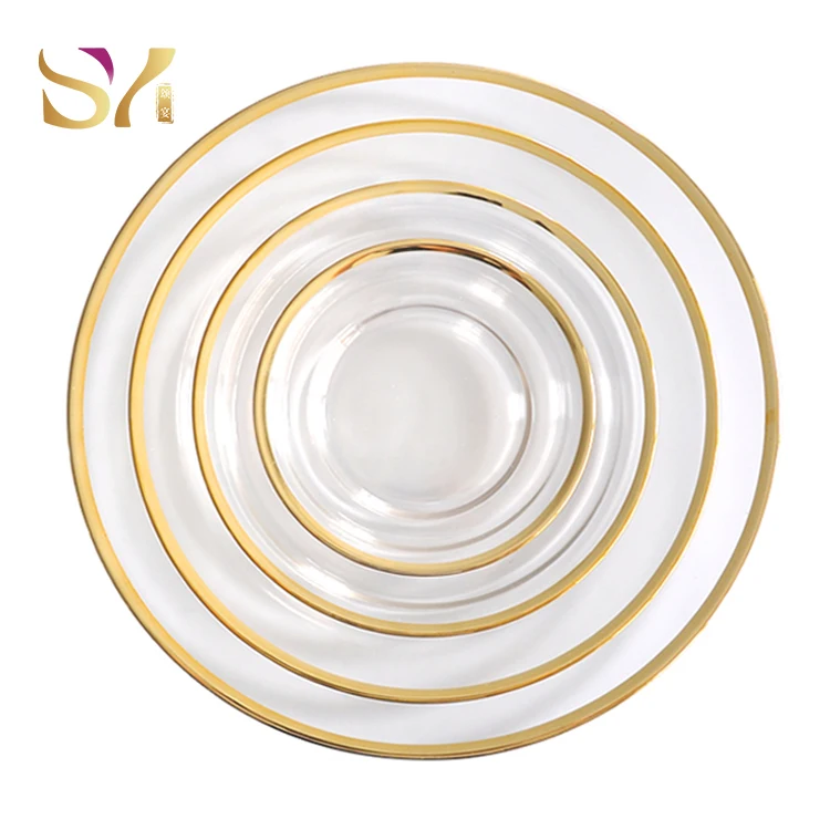 Wholesale clear and rose charger plate Crystal gold rim  luxury  Glass Dinner Plates set for  wedding