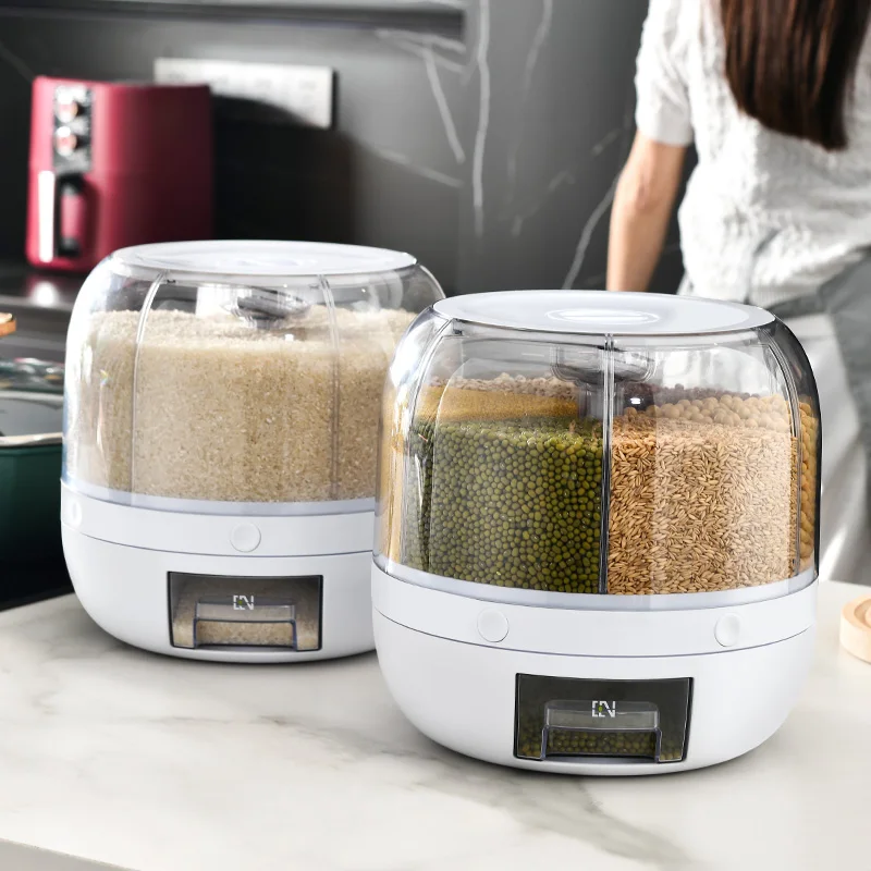 Jeko&Jeko Rice Dispenser Kitchen 6-Grid Rotating Food Grain Dispenser Cereal Storage Box Rice Container Dispenser