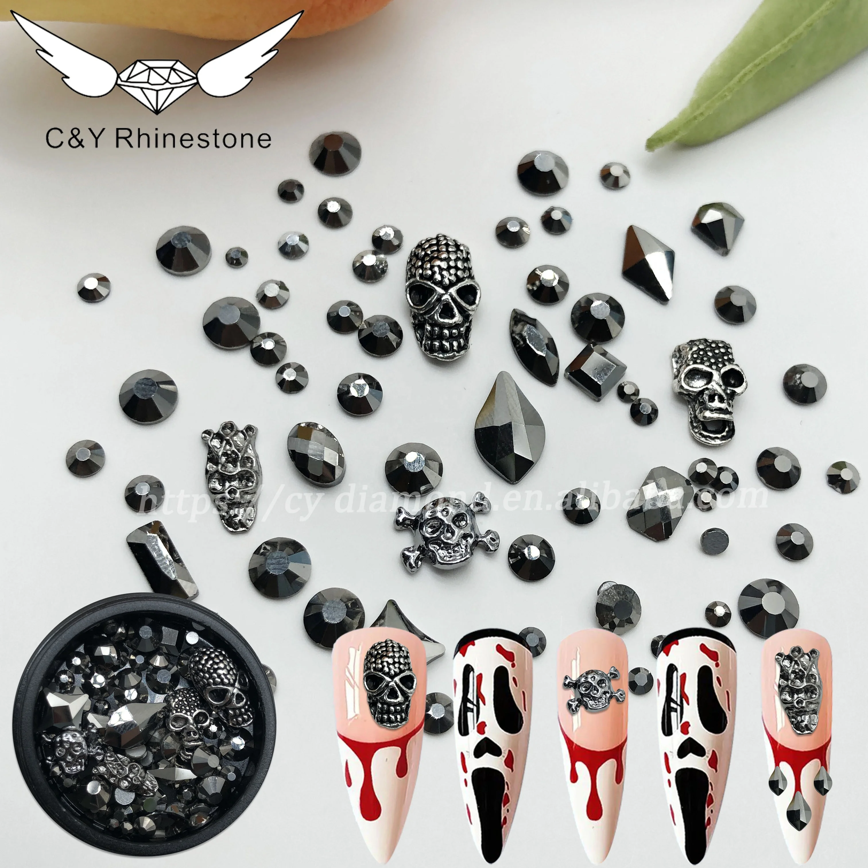 CY Halloween 3D Sliver Gold Metal Nail Design Accessories Skull Hand Nail Art Rhinestone
