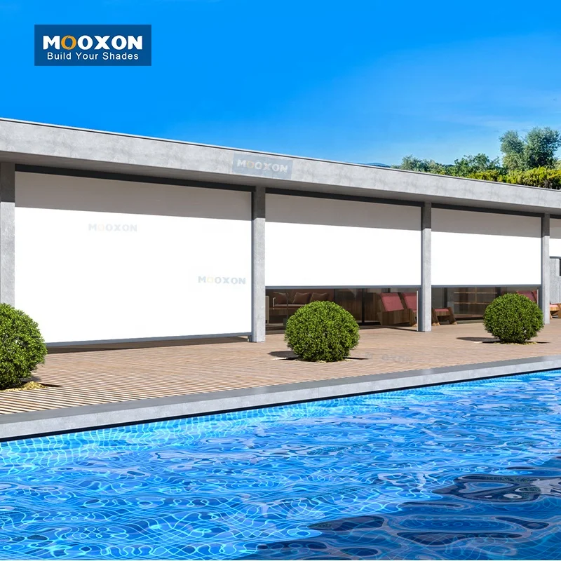 Mooxon Shades Outdoor Blind Smart Motorized Polyester Fiber Shading Window Windproof Side Zip Track Motor Roller Blinds