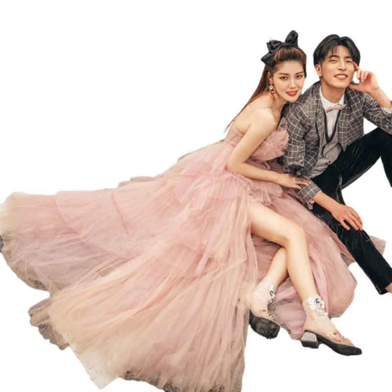 Color yarn new street photography short front and long back wedding dress for couples location photo dress