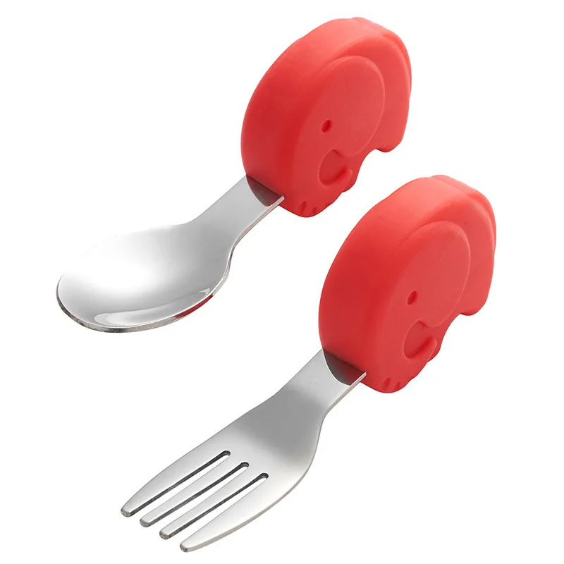 High Quality Kids Toddler With 316 Stainless Steel Silicone Baby Spoon Fork Set Food Grade Silicone Cartoon Baby Feeding Spoon