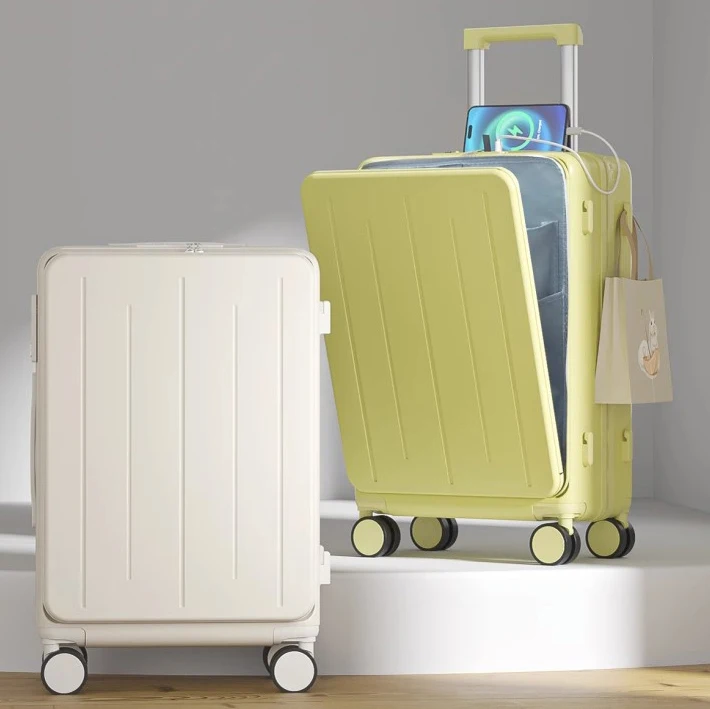 20232023 Hot Selling Hard Large Travel Suitcase with cup holder and USB charging Custom Front Open Luggage
