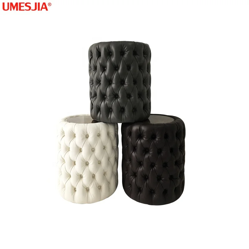 
Luxury Round Ottomans synthetic leather Quilted button Italian Designer Button Upholstered Ottoman 
