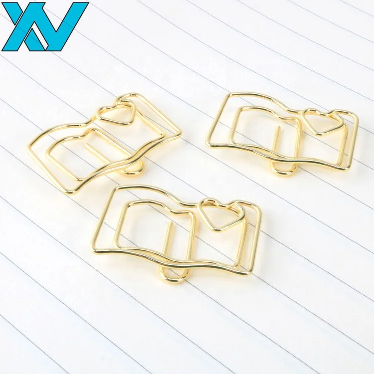Golden color book shape paper metal clips office stationery.