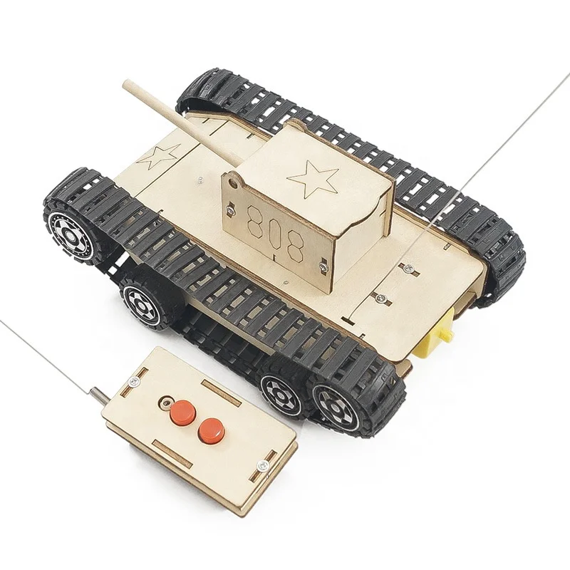Educational science children diy assembly remote control wood tank toy stem learning set