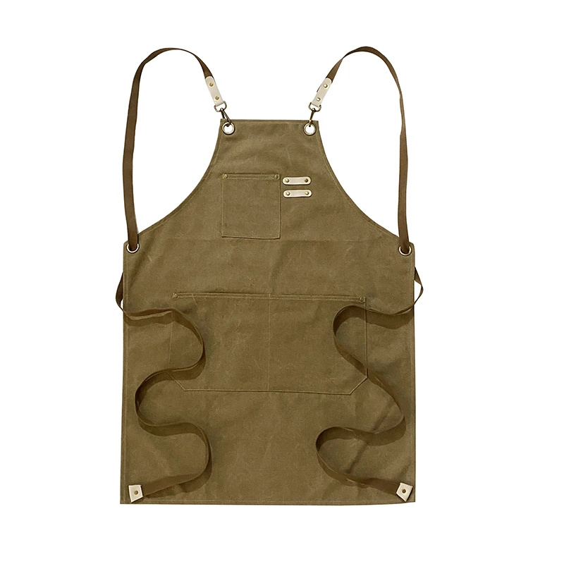 Custom Design High Quality Brown Cotton Barista Bib Canvas Tool Apron with Front Pockets