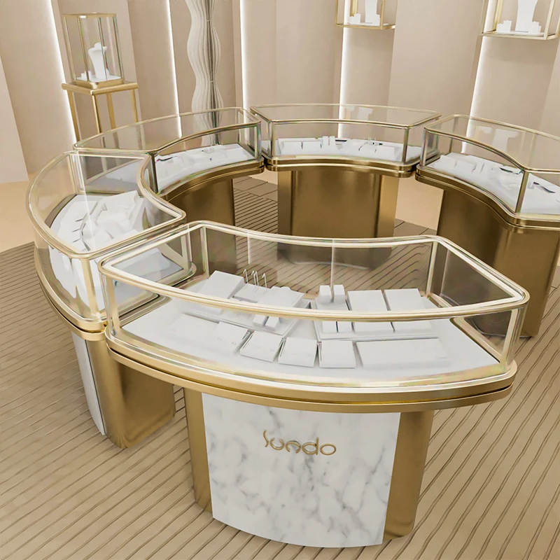 Luxury Counter Design Gold Jewellery Displays Retail Jewellery Shop Glass Furniture Showcases Cabinet for Store