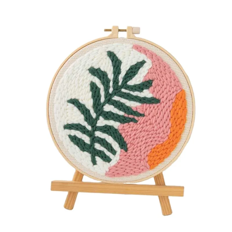 Cute Leaves Pattern Easy Embroidery Set Punch Needle Starter Kits Soft Yarn Punch Needle Embroidery Kit