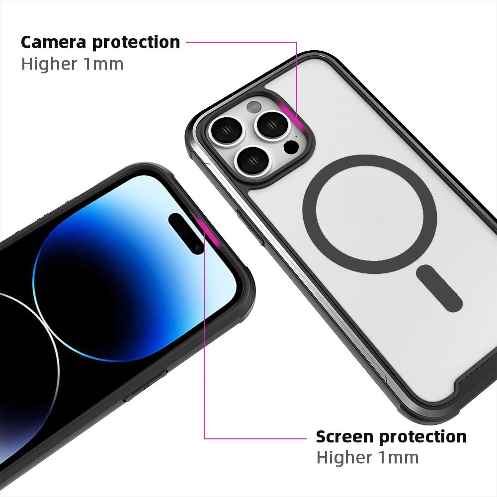 Wholesale For iPhone 13 14 Pro Max Luxury Wireless Charging Magnetic Back Cover Black Aluminum Frame Protective Phone Case