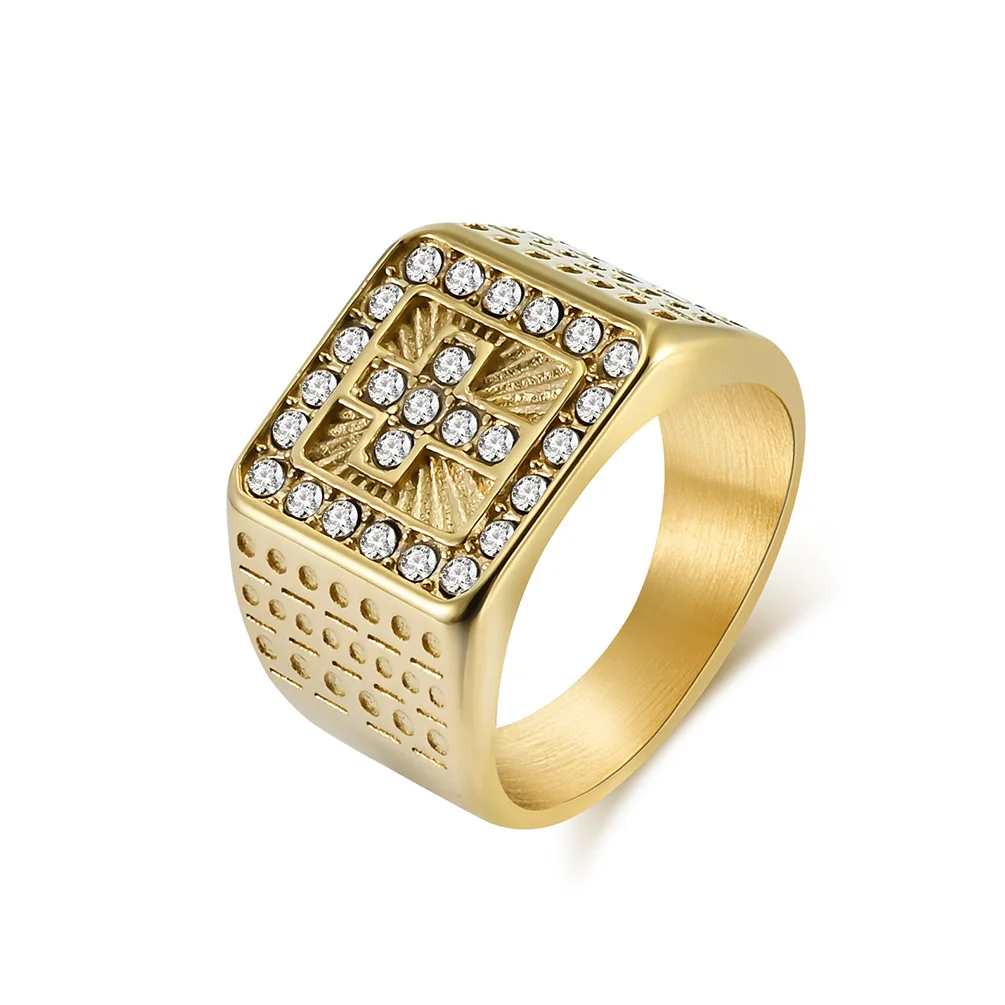 15mm Titanium Steel Ring Silver Gold Light Luxury Cross Square Full Diamond Stainless Steel Ring finger rings 745