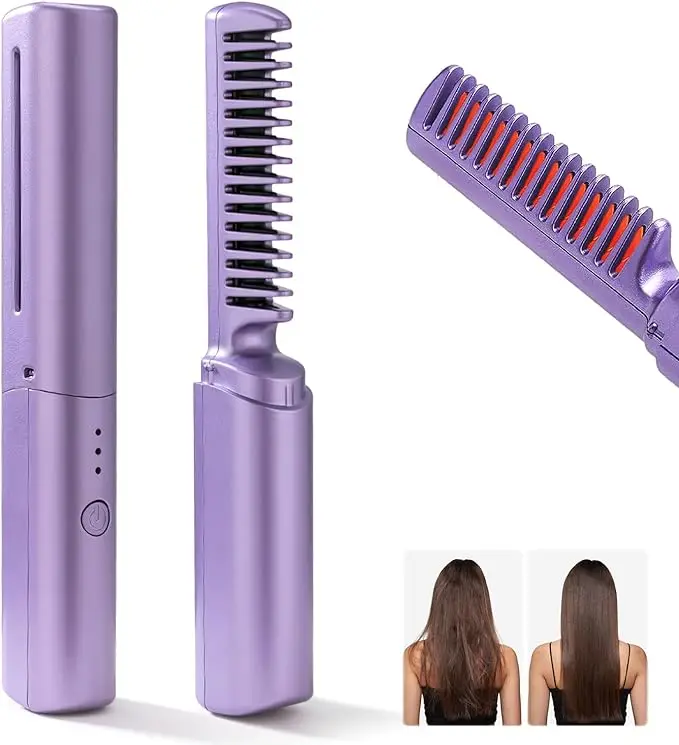 Travel Size Rechargeable Mini Hair Straightener Portable Straightening Brush Negative Ion Hot Comb Hair Straightener