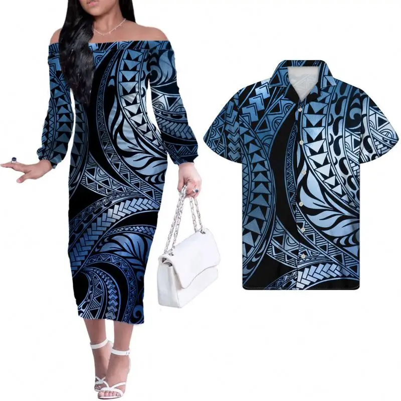 New Couples Clothing Set Samoa Tribal Style With Hibiscus Women Long Sleeve Dress Bodycon mens Island shirt