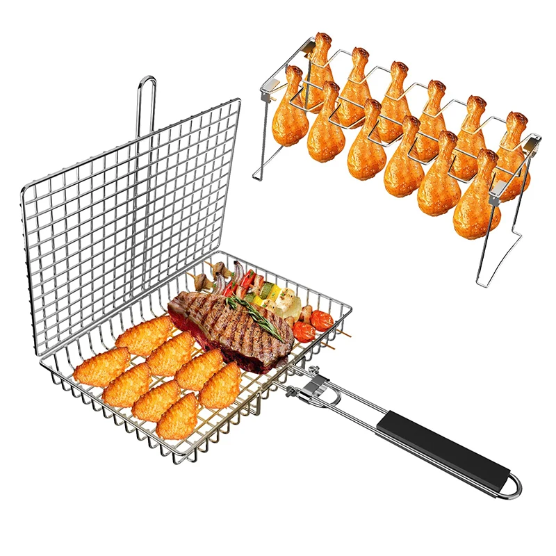 BBQ Accessories Folding Stainless Steel Grill Basket Portable Mesh Bbq for Outdoor Camping