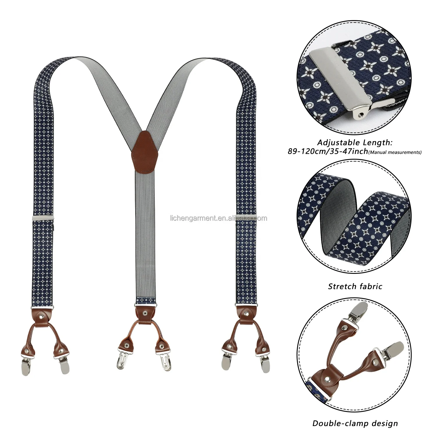 Direct Wholesale Solid Color 3.5cm Y Shape Mens Stylish Leather Suspenders With 6 Strong Clips