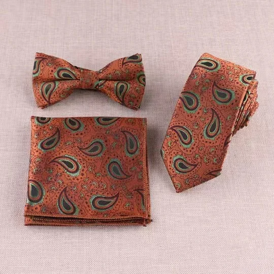 boys green paisley modern fashion  mens skinny neck ties 6cm luxury customized  necktie and bow tie pocket square set