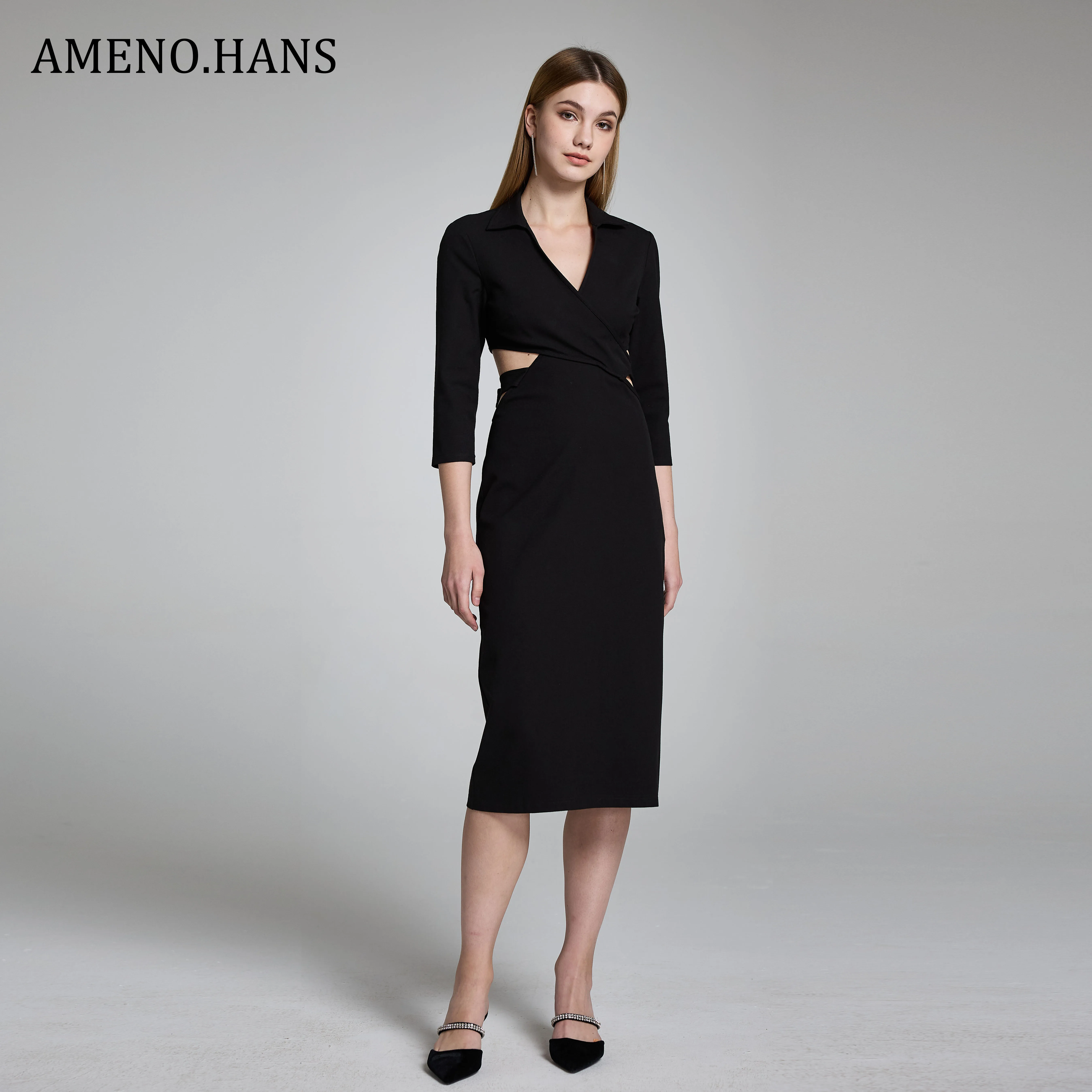 Ladies New Office Dress Hot Selling V Neck Bodycon Waist Hollow Out Career Dress