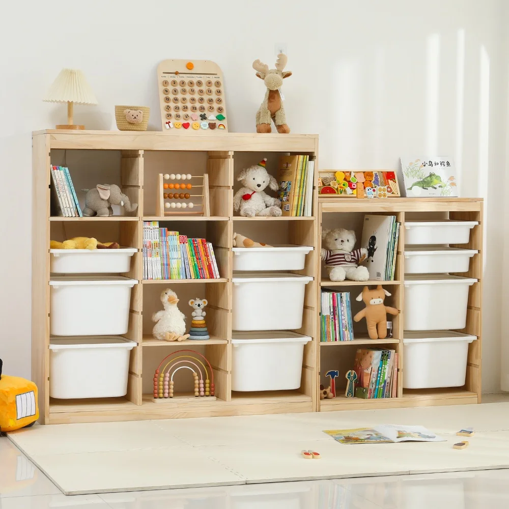 Living Room Kindergarten Wooden Storage Shelf Toys Organizer Kids Furniture Books Cabinets Plastic Storage Bin