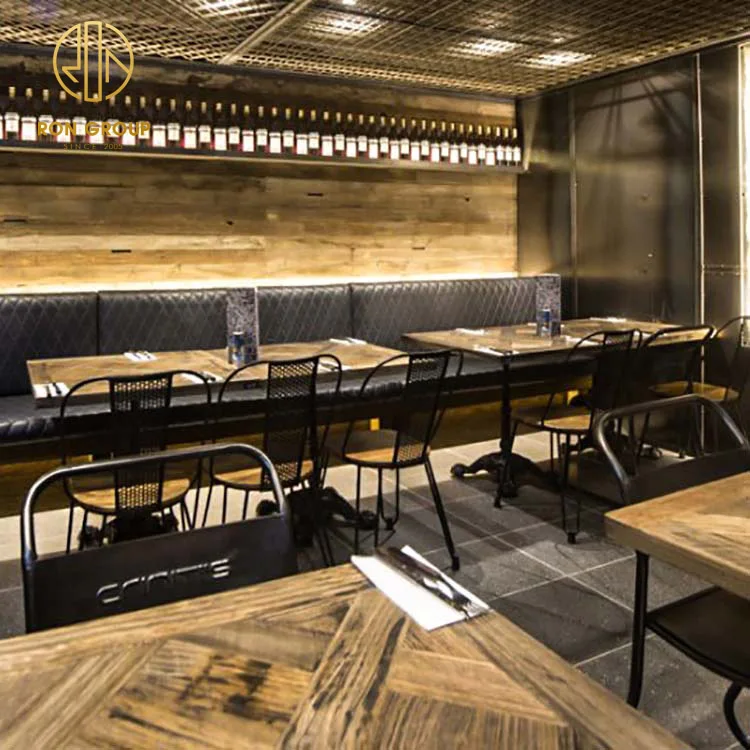 Leather bench sofa Coffee Shop Custom Commercial furniture solid cafe seating wood wooden restaurant booth table and chair set