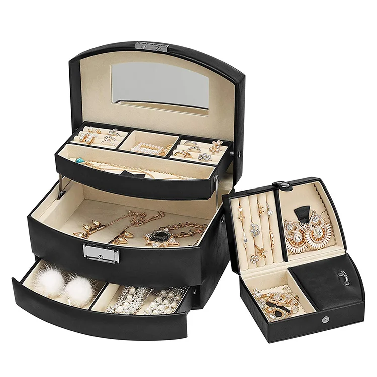 Luxury leather white three drawers jewelry box with mirror hinge and lock desktop velvet travel jewelry packaging box