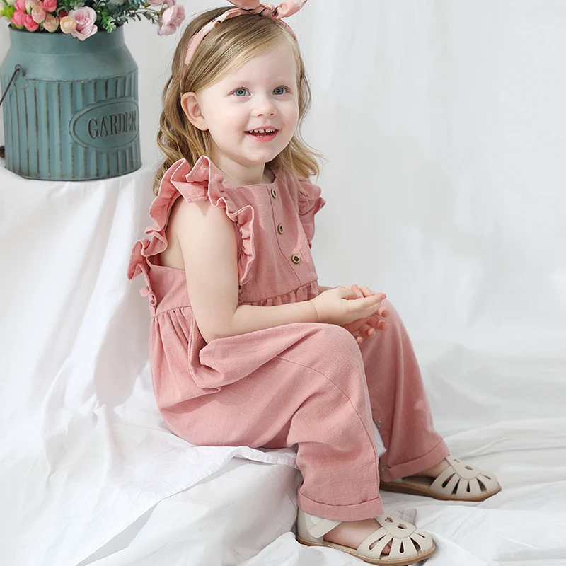 Toddler Summer Overalls Jumpsuit Ruffled sleeve Linen Baby Girls Romper Baby clothes
