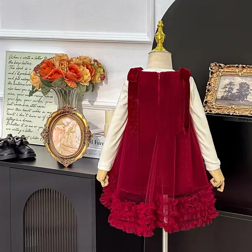 Shuoyang New Bow Princess Dress for Autumn/Winter 2024 A Christmas dress designed for beautiful girls aged 3-13 Boutique skirt