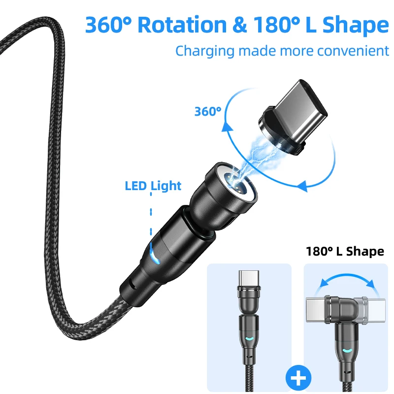 2023 new upgrade 3A fast charging magnetic 3in1 charging cable data transfer cable type c micro heads 540 rotation LED cables