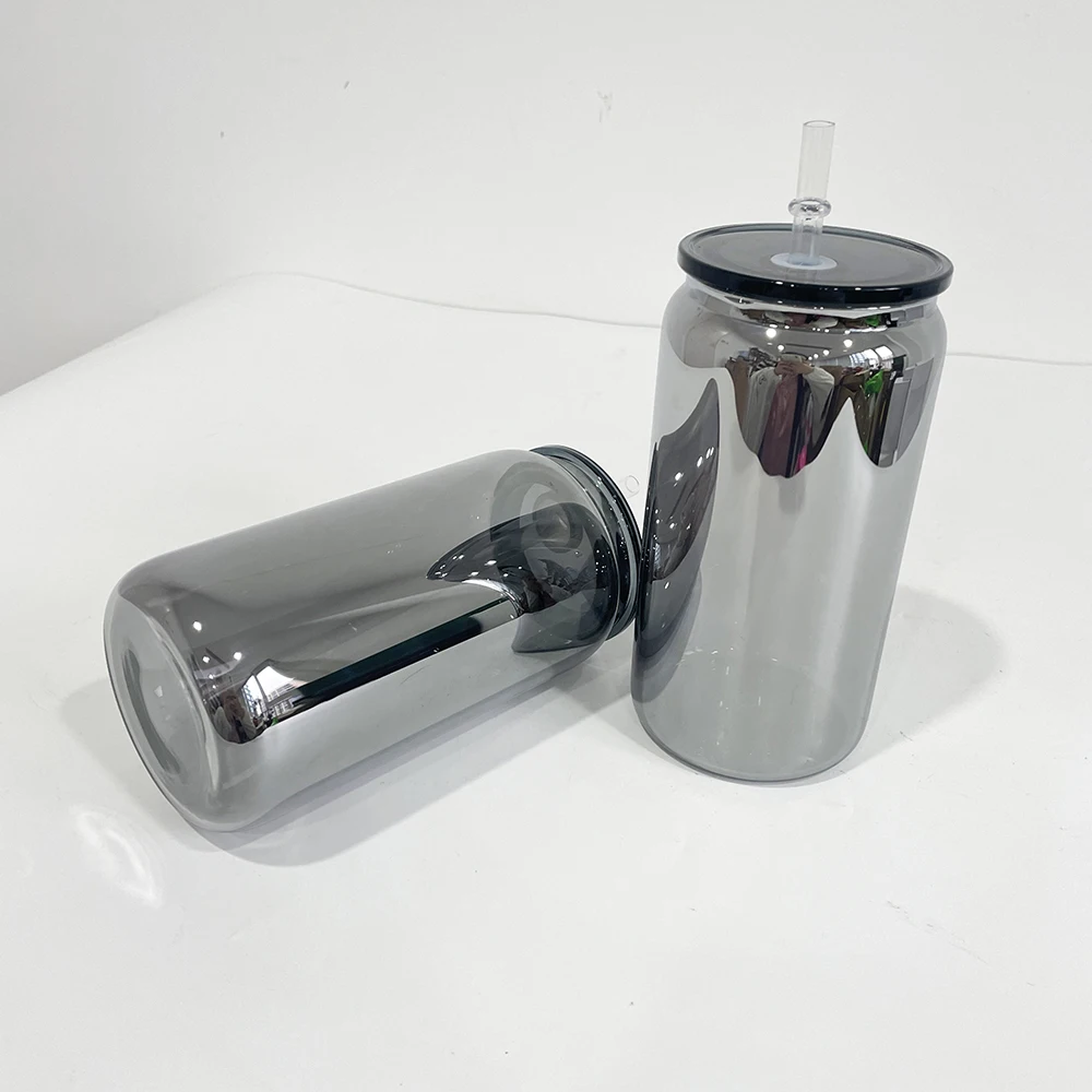 Reusable BPA Free Mens Borosilicate metal mirror black plated 16oz glass can with  plastic lids for UV DTF wraps and vinyl