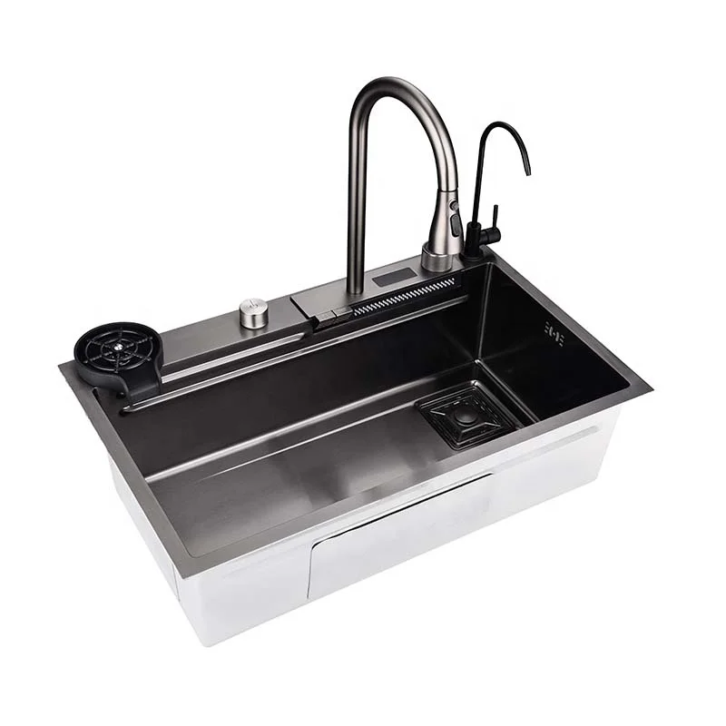 Waterfall Kitchen Sinks Combo 304 Stainless Steel Nano Sink with Multifunctional Fahrenheit Digital Display Pull-Out Faucet,Add