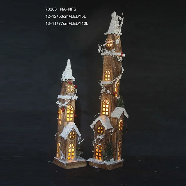 indoor mini wooden lighted church house village with led lights for Christmas decoration
