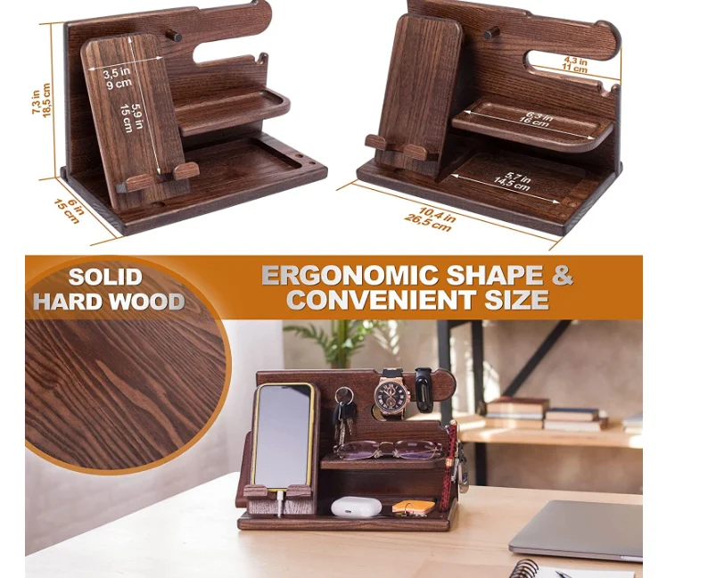 custom Wood Phone Docking Station Ash Key Holder Wallet Stand Watch Organizer Nightstand organizer