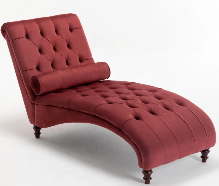 
Long chaise lounge velvet fabric buttons design wooden legs home funiture 