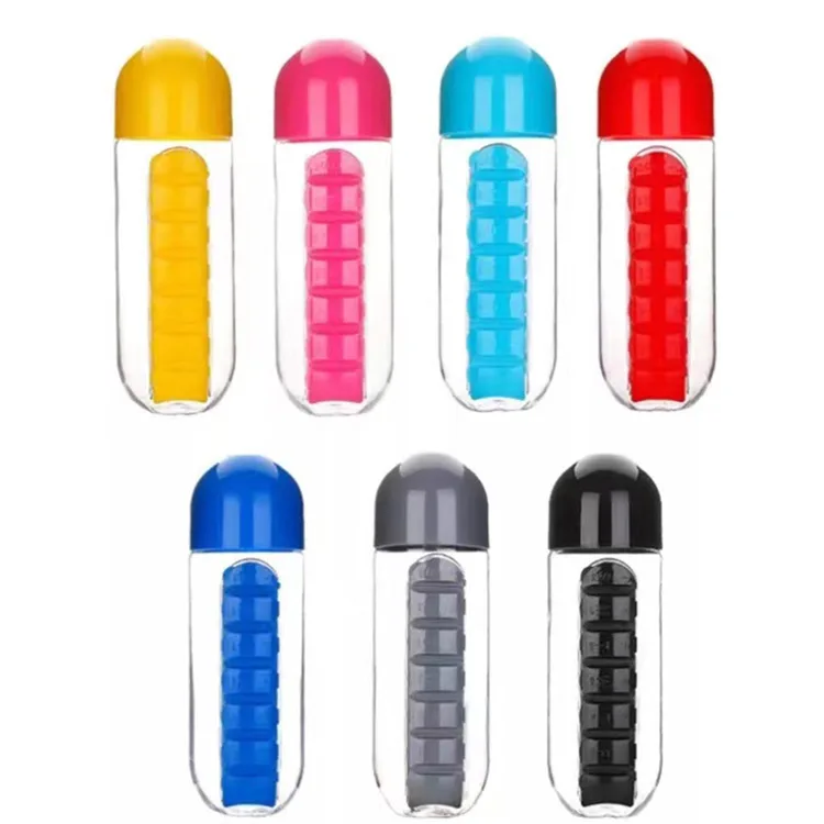 Madou Portable Water Bottle With Weekly Pill Organizer 600ml Pills Organizer Pill Box With 7 Day Weekly Water Bottle For Travel