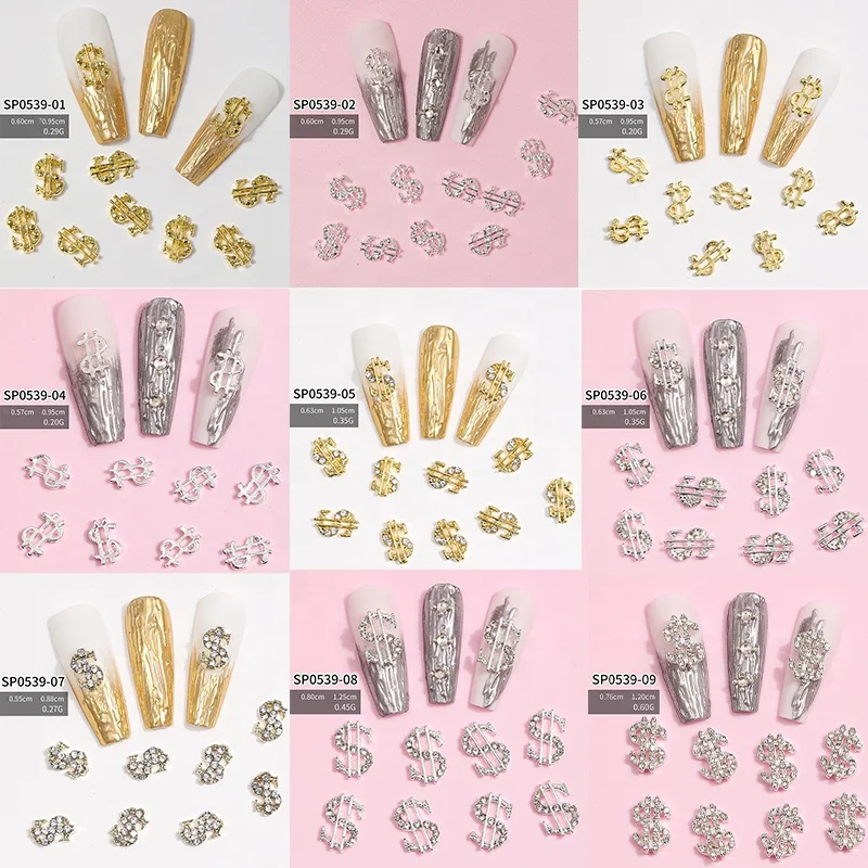 3D 10pcs US Dollar Sign Nail Charms Silver Gold Coin Symbol Nail Figures Decoration Rhinestones Metal Money Nail Charm