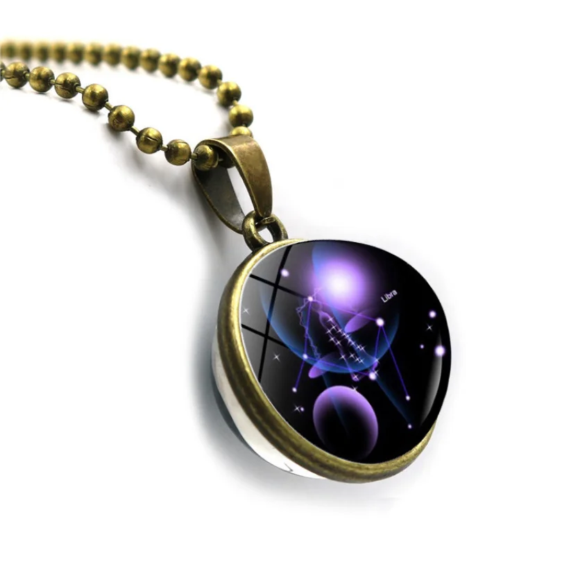 Promotional Gift Jewelry  Round  12 Zodiac Pendant Glass Beads 12 Constellations Short Necklaces