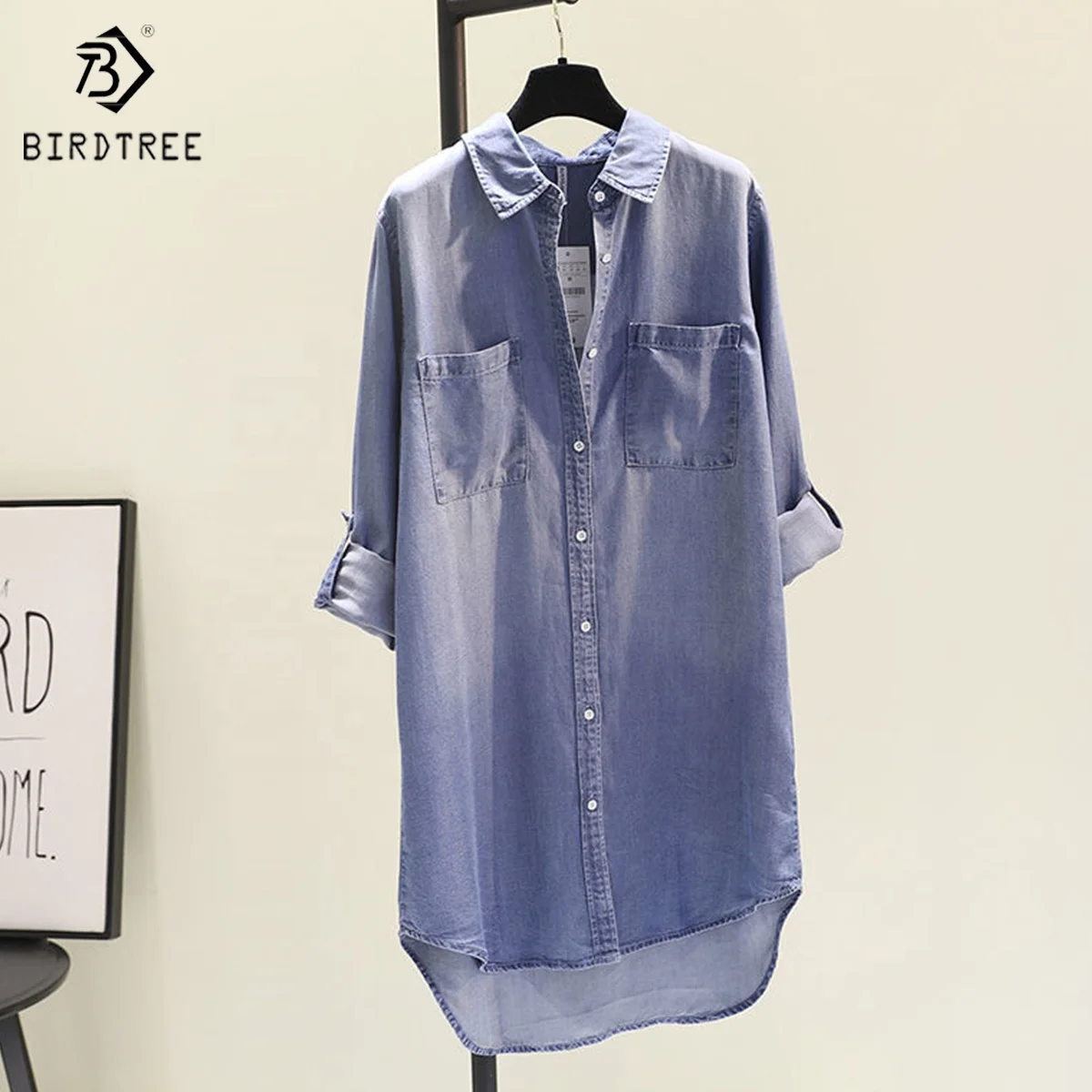 Medium Long Shirt Woman 2022 Spring New Loose European Style Long Sleeves Pocket Denim Blouses Shirts Tops For Autumn  T31501X