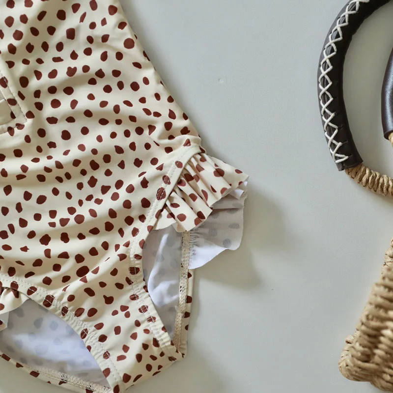 Long Sleeves Sun Protection Zip Front Adjust Up And Down Children Swimsuit With Hat Small Spots Leggy Look Bikini Girl Swimwear