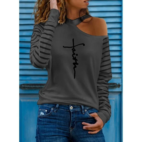 Autumn ladies long sleeve diagonal shoulder letter print T-shirt plus size top