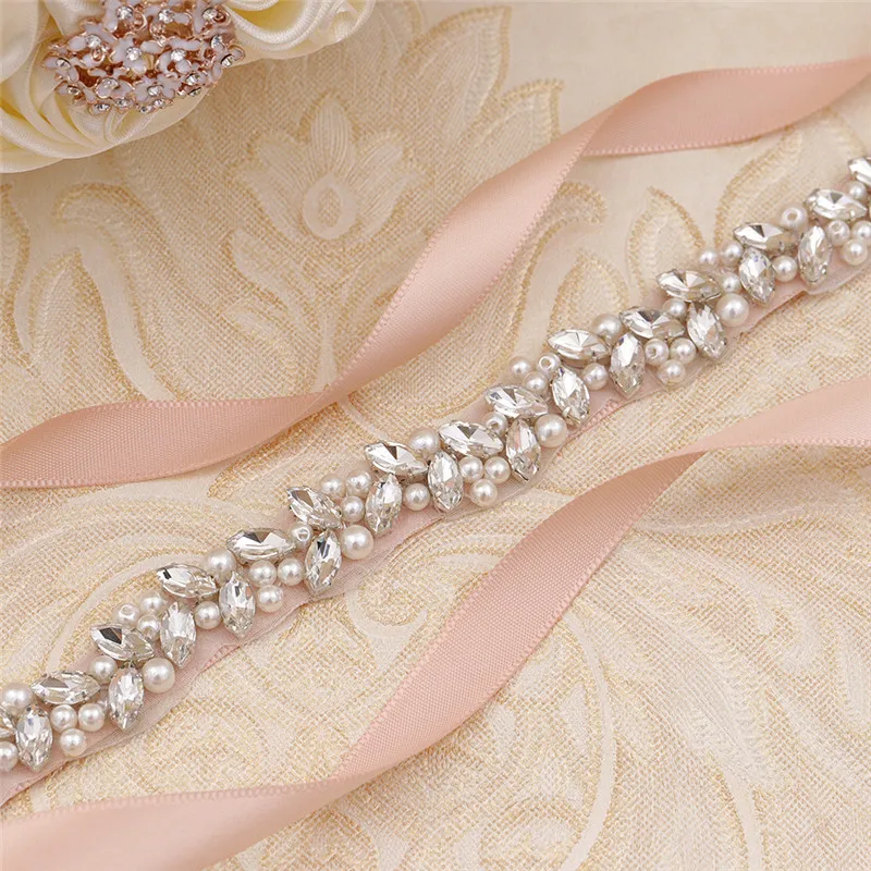 
Handmade Gold Crystal Pearl Rhinestone Wedding Belt Beaded Applique Iron on Satin Ribbon Wed Bride Belt 