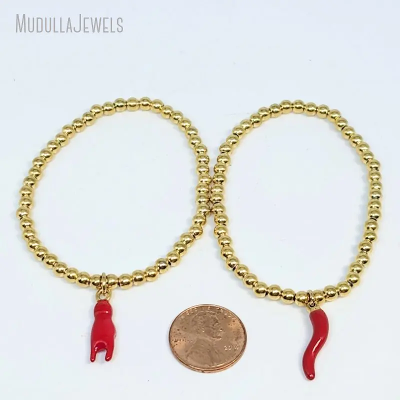 BM54104 Fashion Gold Plated Red Pepper Charm Copper Beaded Bracelet Cornicello Good Luck Italian Horn Hand Charm Bracelet